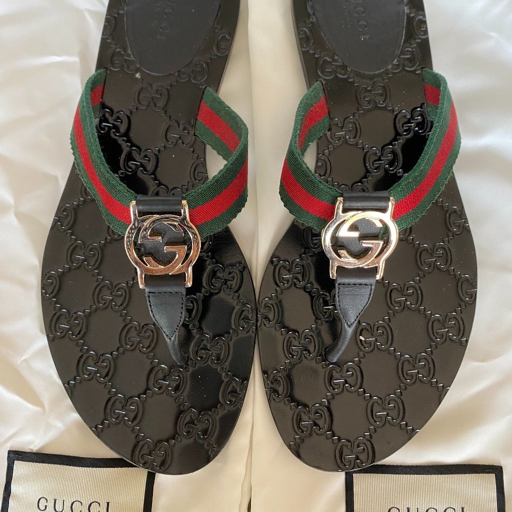 GUCCU GG THONG MONOGRAM WEB SANDAL SIZE 38.5 - US Size 8.5